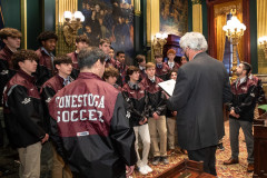 February 9, 2022: Sen. Kearney hosted the Conestoga Boys’ Soccer team at the Capitol today.  In November, the Pioneers finished a perfect 26-0 season with a 1-0 victory over Seneca Valley to win the PIAA Class 4A Championship. It is the program’s fifth state crown, and fourth in the past decade.