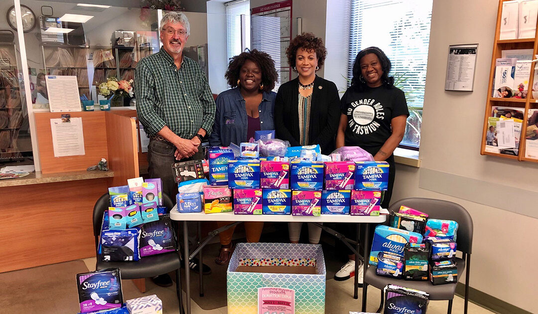 Senator Tim Kearney and state Rep. Gina H. Curry pose for a picture with Christine Joy Brunson, Executive Director of Purple House Project PA, Inc., and Nhakia Outland, Founder and Executive Director of Prevention Meets Fashion during their visit to the Upper Darby WIC to drop off donated feminine hygiene products on Friday.